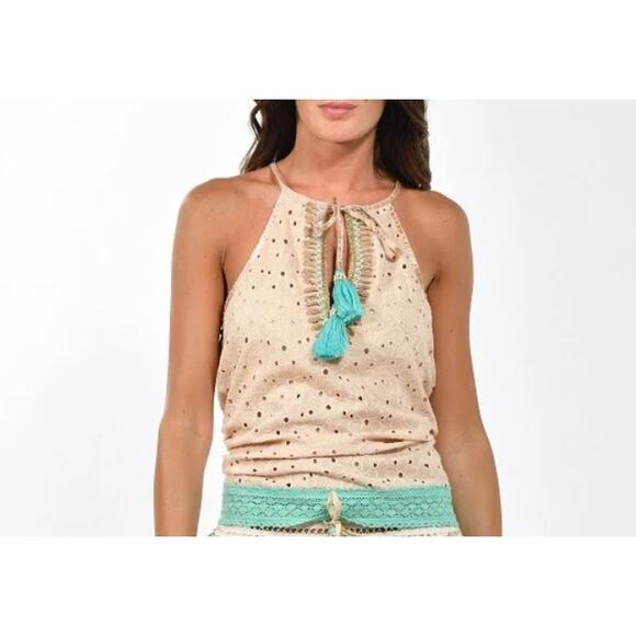 Gypsy Queen Paris Collection Beige & Turquoise Eyelet Halter Top - Size M/L -NWT - Picture 14 of 16